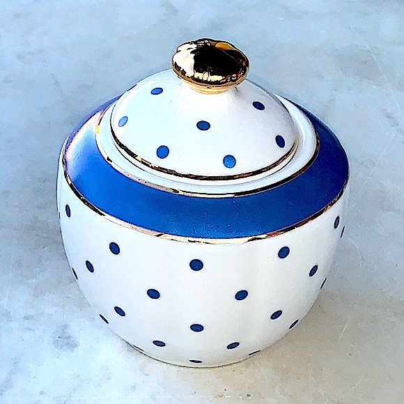 GRACES TEAWARE SUGAR BOWL & LID MARIN COBALT BLUE DOTS GOLD PORCELAIN NEW - Picture 4 of 5